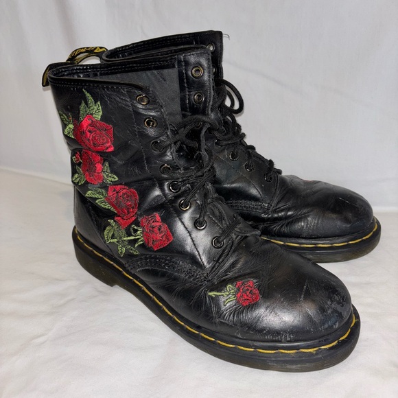 Doc Martens Shoes - Doc Martens Vonda Black Boots with Red Floral Embroidery